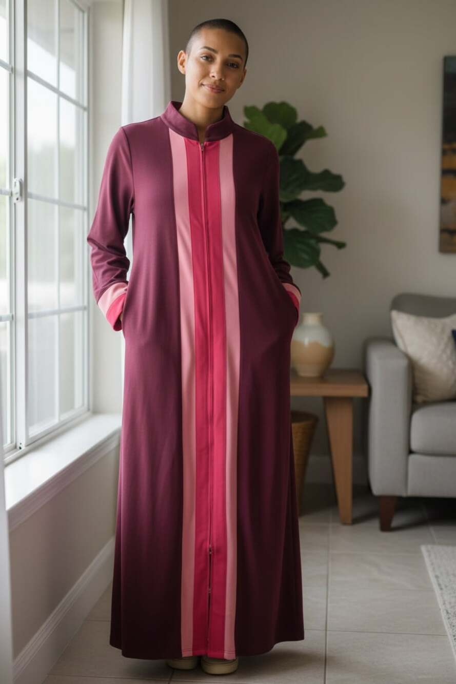 Vintage 1970s Vanity Fair Velour Color Block Zip-Front Housecoat Robe